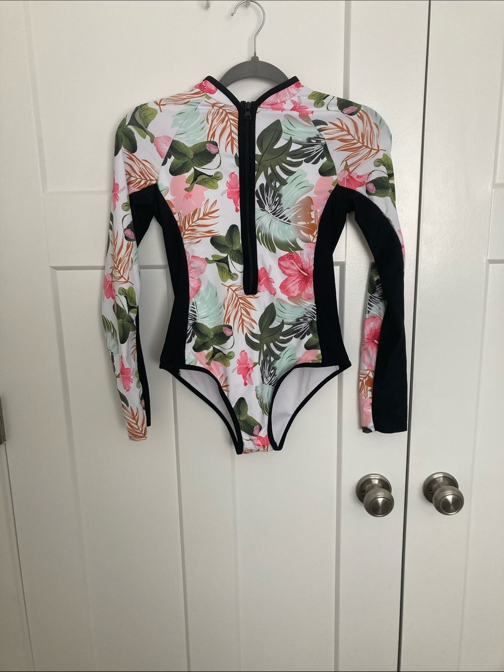 Long-Sleeve Floral Zip Front One-Piece Swimsuit - Pink & Green